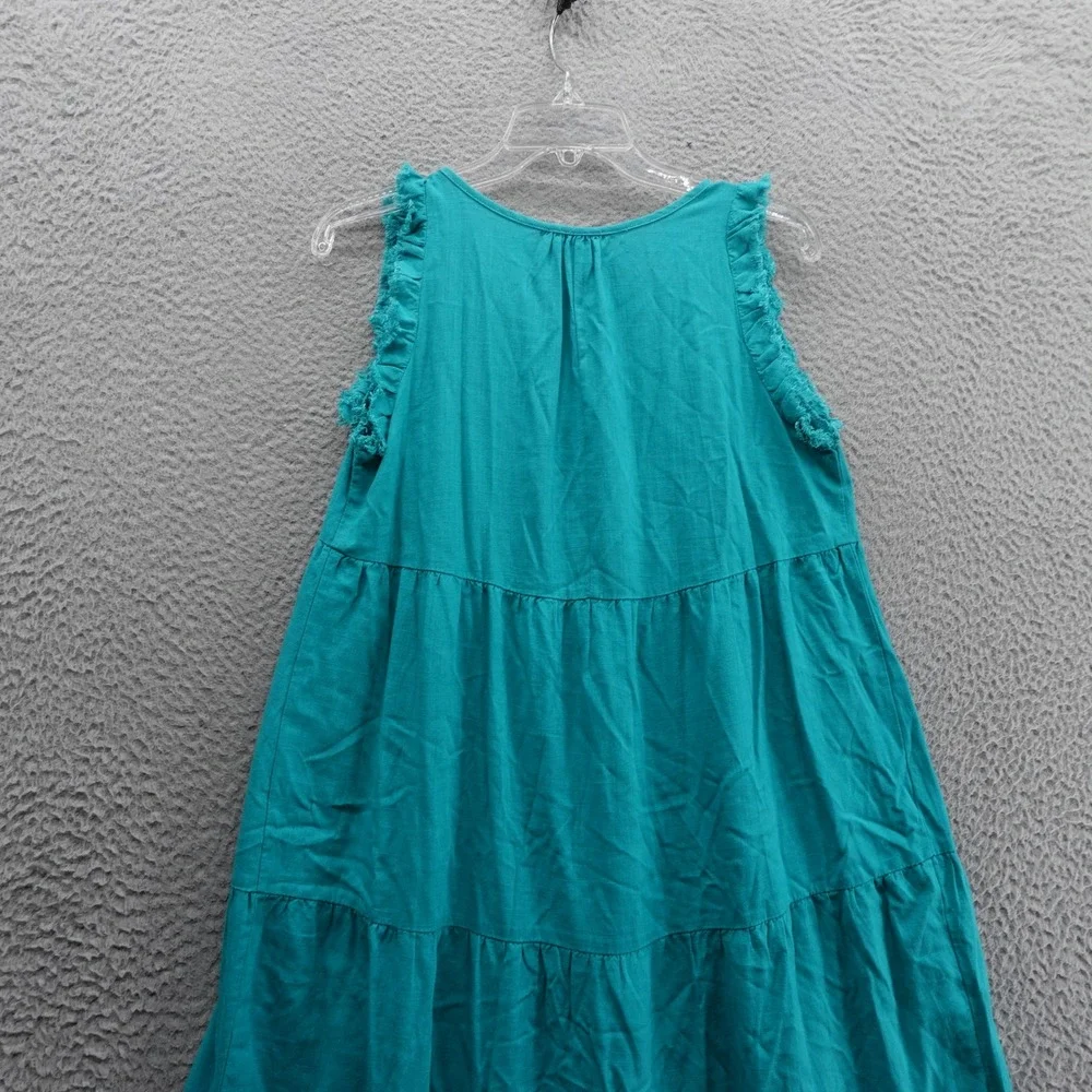 Umgee USA Tiered Midi‎ Dress Small Teal Linen Blend Sleeveless Ruffle Trim